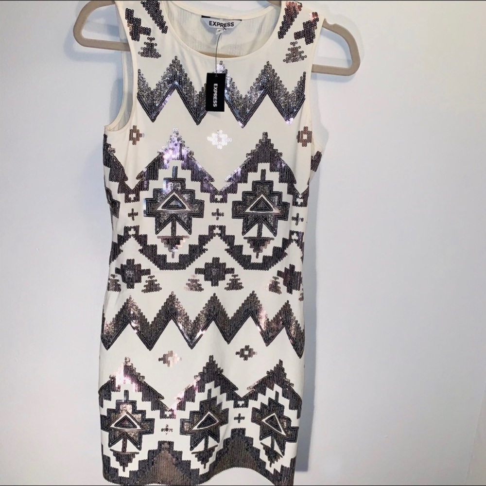 Express Ivory Aztec Silver/ Cooper Sequin Dress - Picture 6 of 7